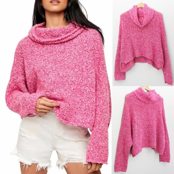 Free People BFF Cowl Neck Sweater In Prickly Pear Pink S Crop Oversized Knit $98 - Picture 1 of 15